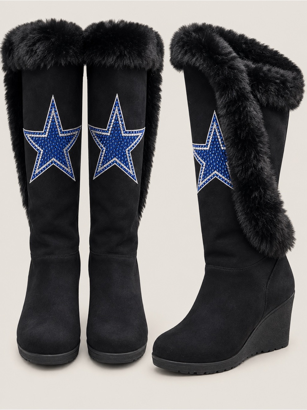 Black Faux Fur Wedge Boots with Blue Star Accent